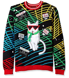 80's cool cat ugly Christmas sweater has tubular glasses and mix tapes