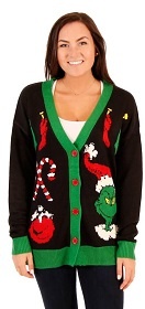 Black Cardigan with Grinch, Decorations and Candy Canes