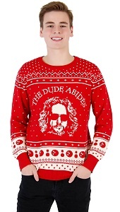 Big Lebowski Ugly Christmas Sweater. The Dude Abides with Jeffrey Lebowski on the front. Red Christmas sweater